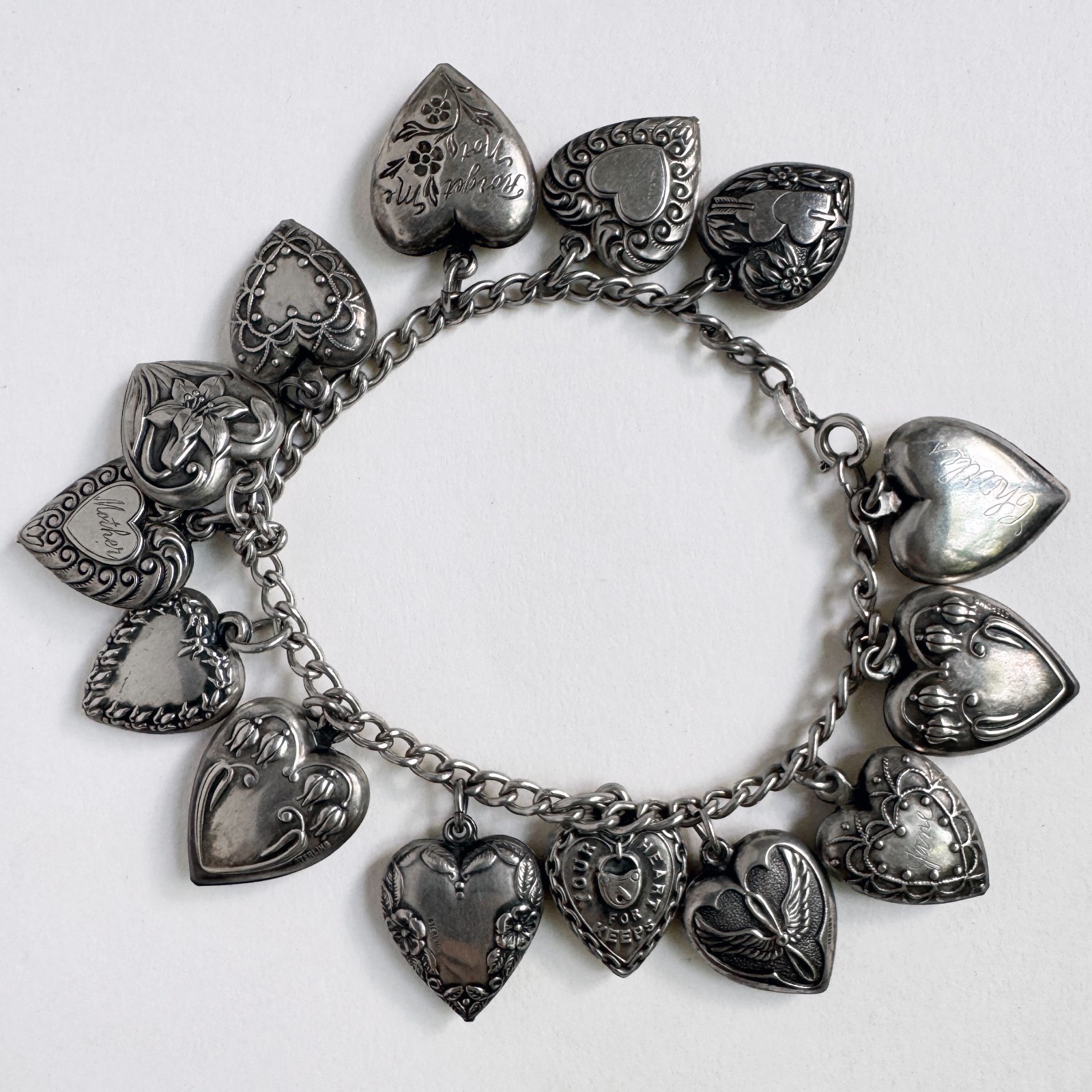 Vintage WWII Sterling Silver 925 Puffy Heart Sweetheart Bracelet w/ 14 Charms