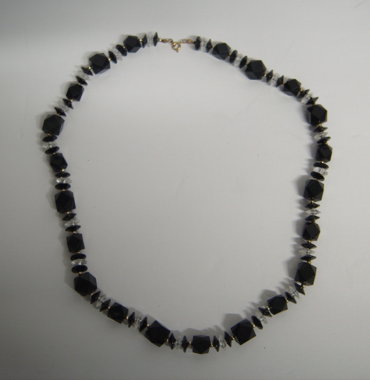 RETRO Black Acrylic Faceted Bead Necklace 24″ Long Art Deco Style Plastic