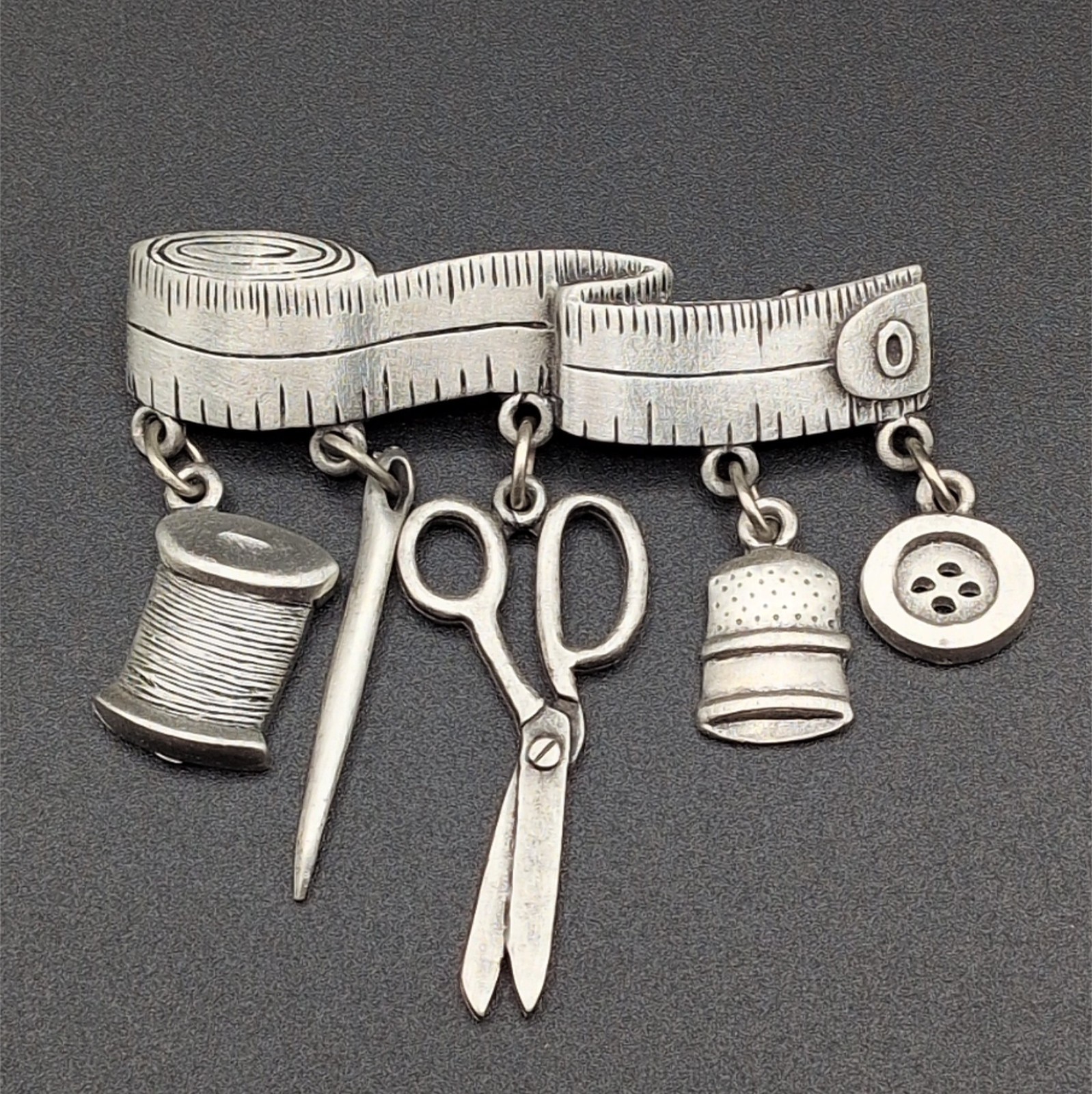 Brooch Pin Vintage JJ Sewing Quilting Dangle Measuring Tape Thread Needle Button