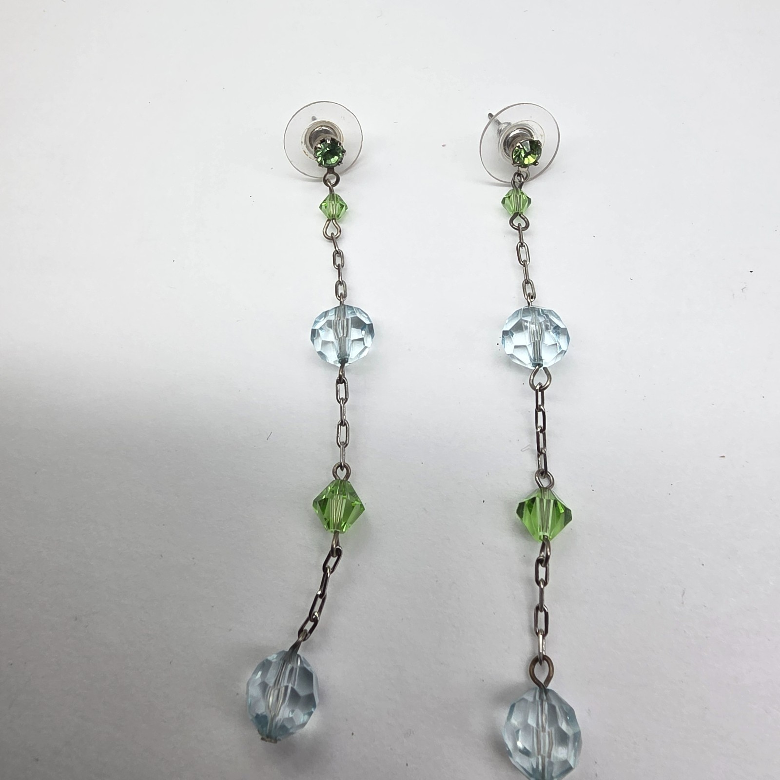 Green Rhinestone Blue Crystal Silver Tone Metal Dangle Pierced Earrings Vintage