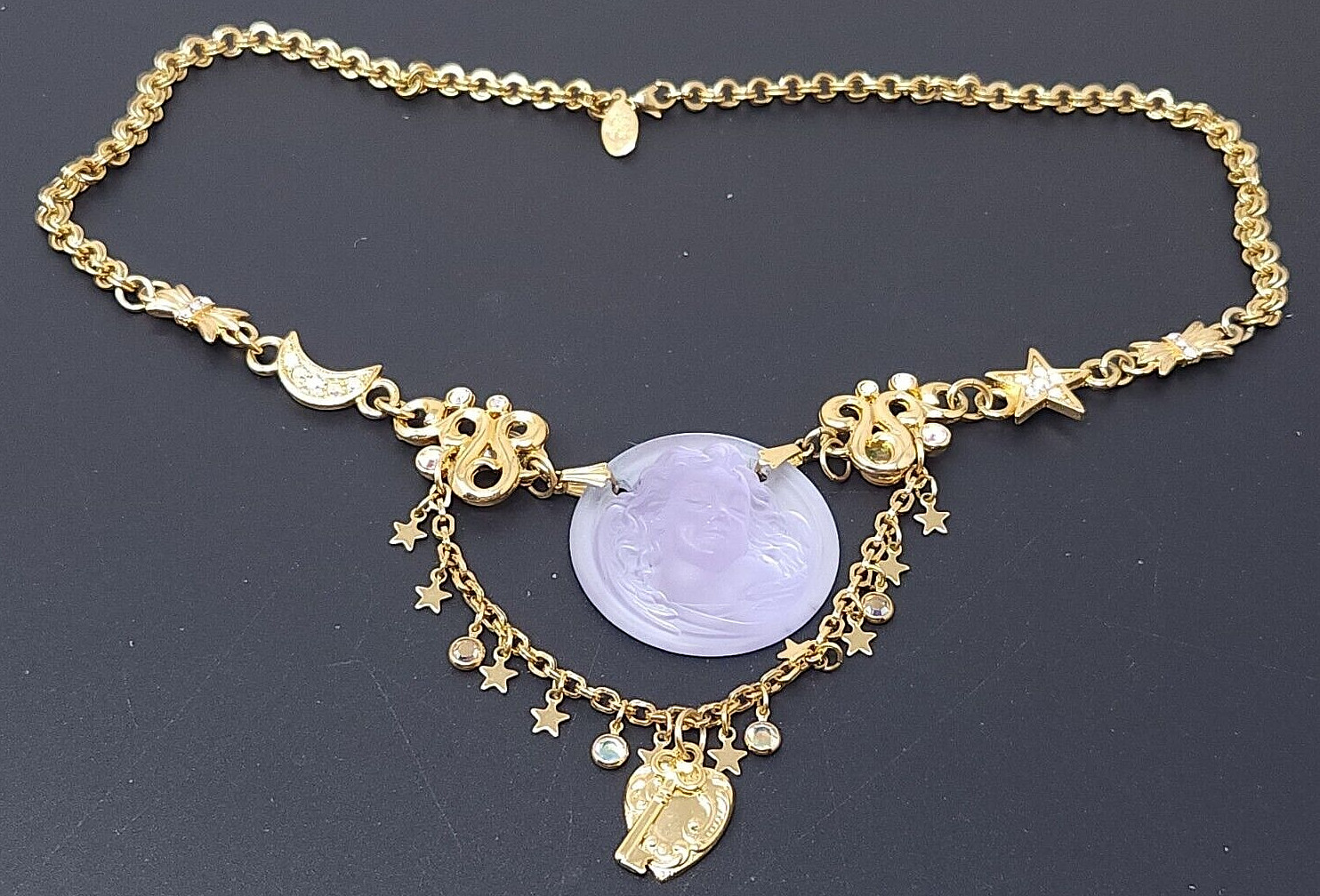 Vintage Kirks Folly Lavender Dream Angel Rhinestone Gold tone Necklace 17″