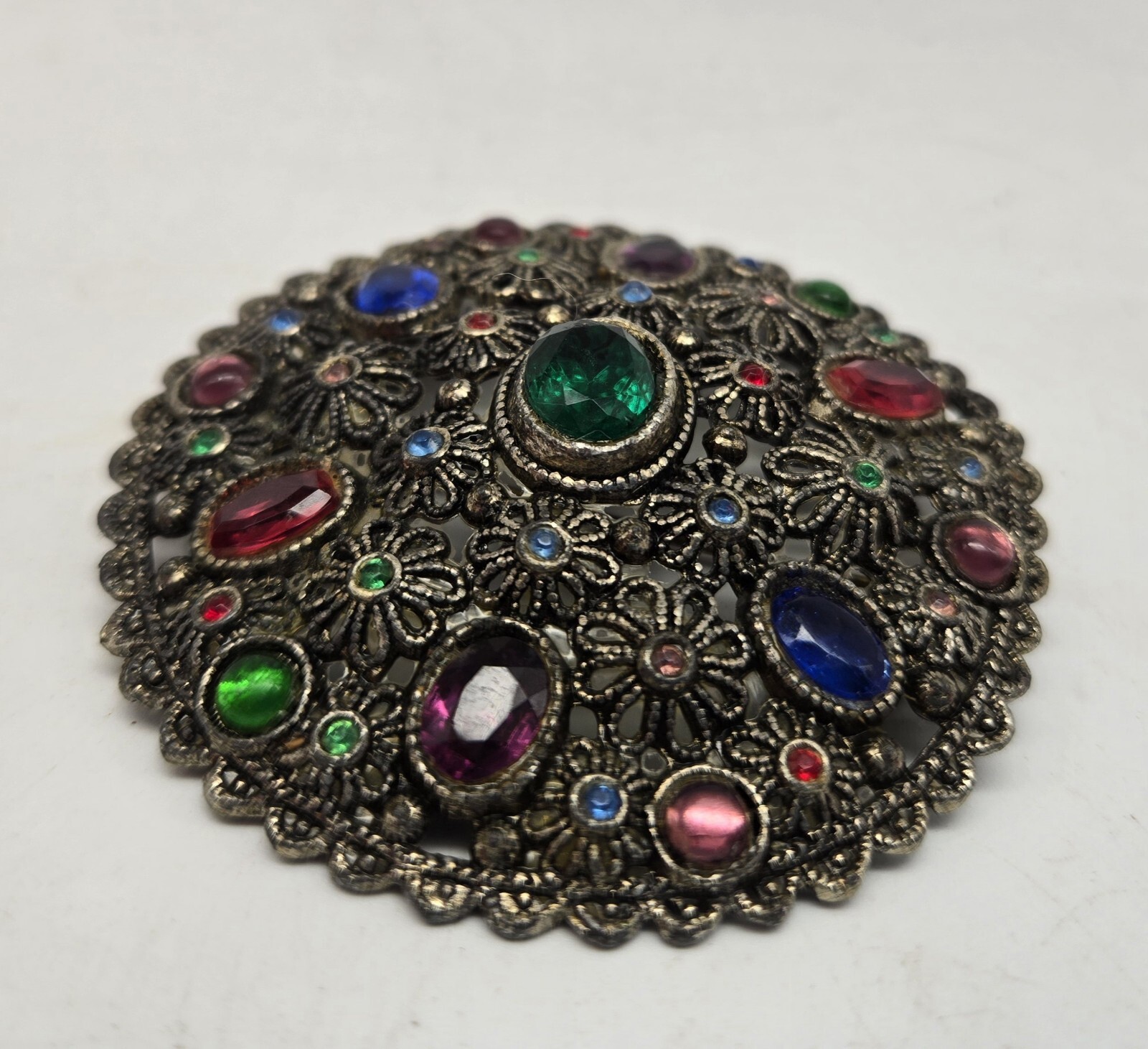 Antique New England Glass Works Rhinestone Brooch Filigree Vtg Signed Goblet