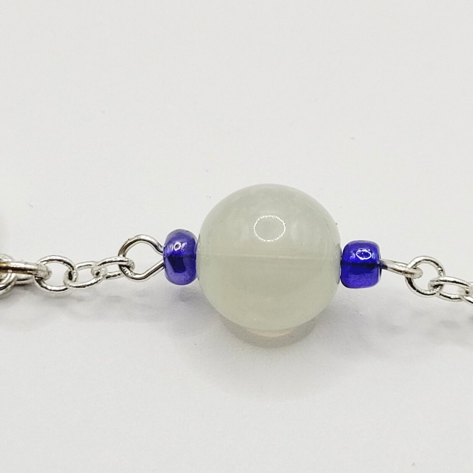 Blue & White Moonstone with Glass & Enamel Silver Tone Chain Necklace KR 24 Inch