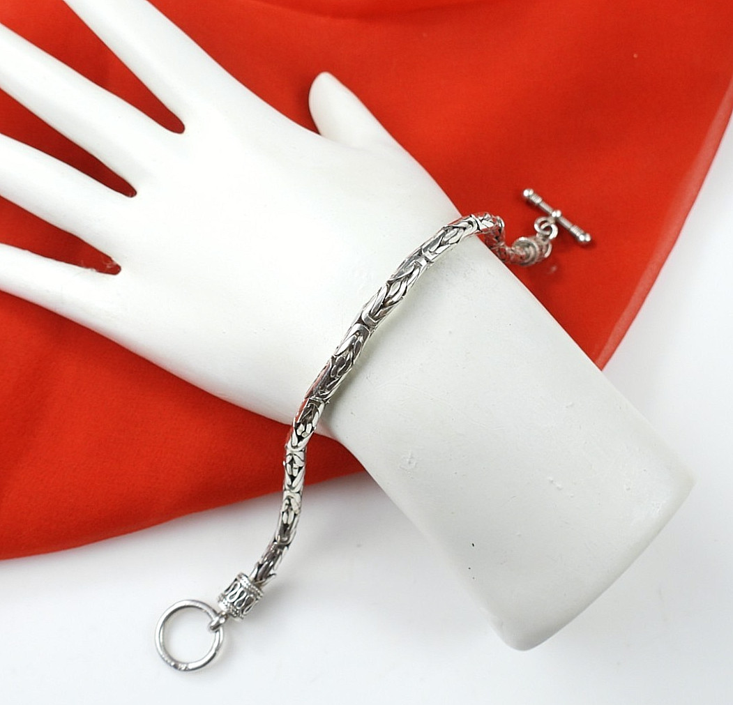 Sterling Silver 925 Wheat Spiga Bracelet Toggle Clasp Engraved Bali Style 7.5