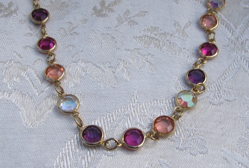 Vtg Swarovski Austrian Crystal USA Bezel Set Pink Fushia Amethyst 34″ Necklace