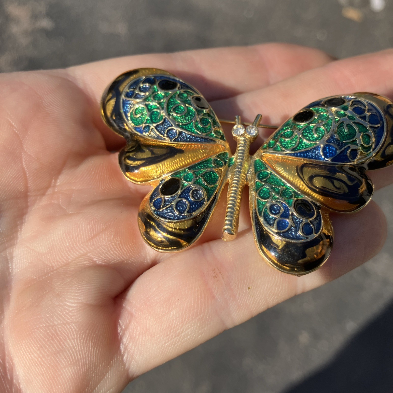 Gorgeous Gold Tone Pierced Butterfly Pin Rhinestones & Enamel Gold Gems