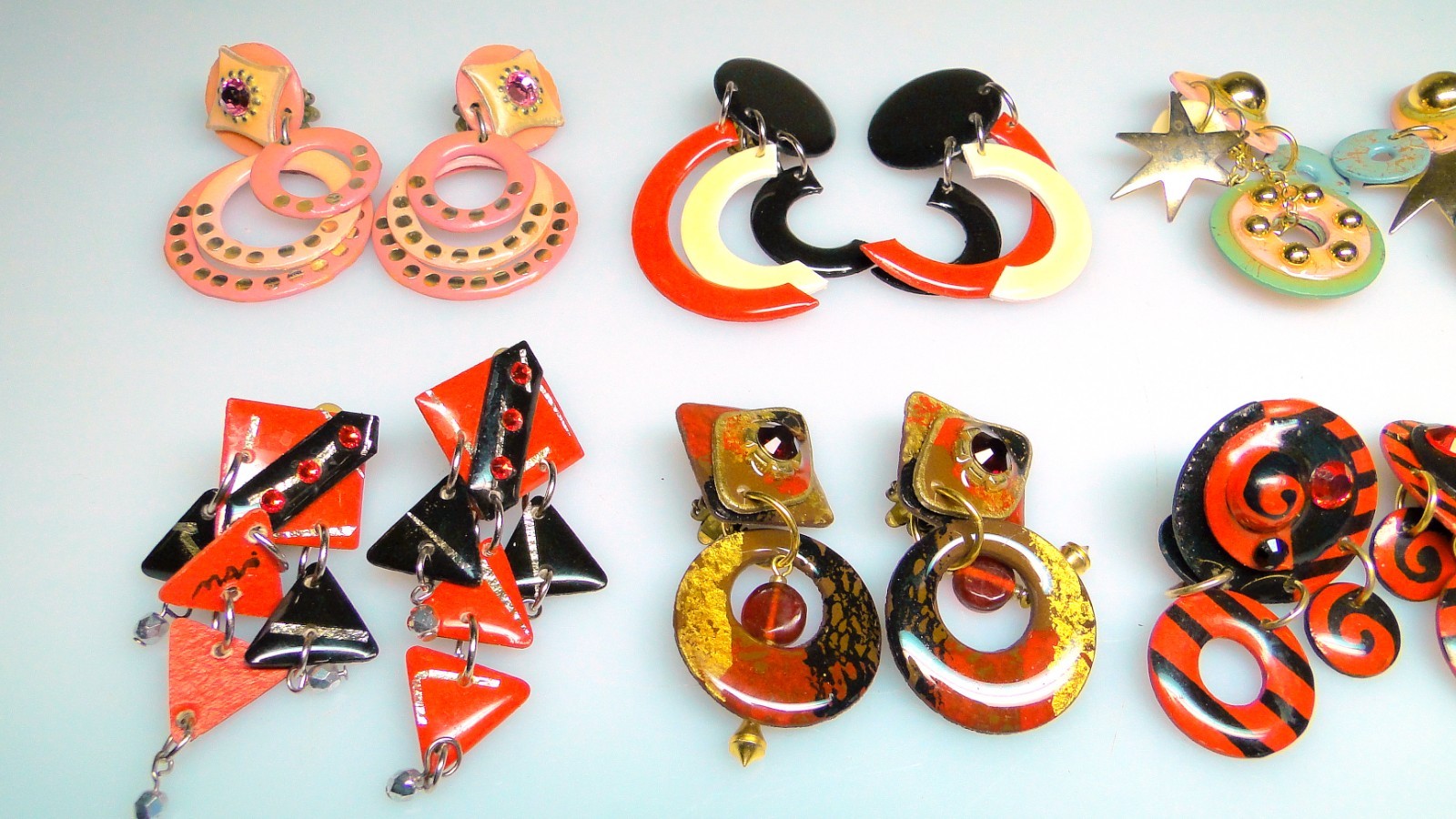 Vintage Lot MAM Designs 80s 90s Statement Earrings 7pr Red Pink Big Hoop Dangle