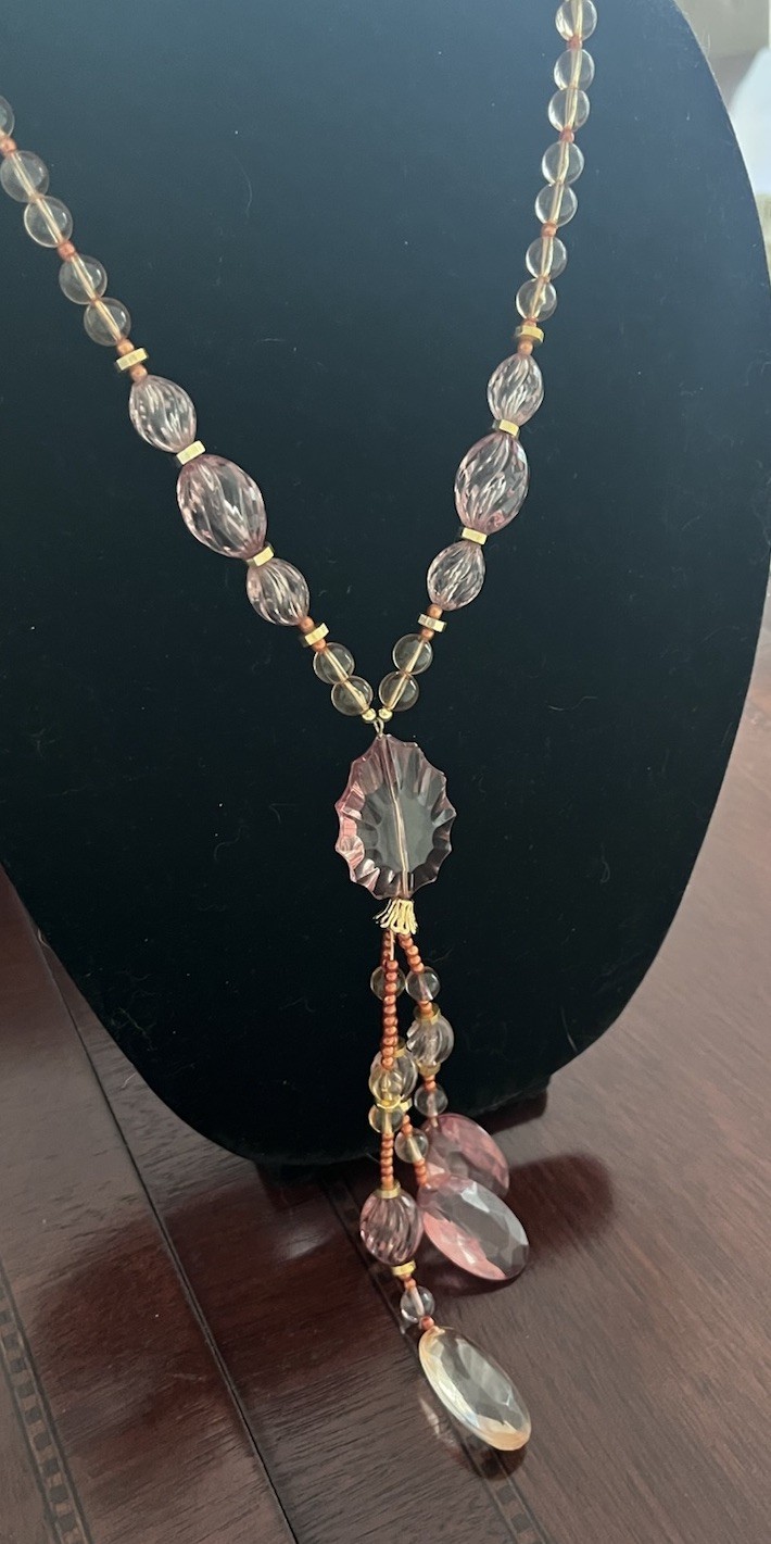 Vintage Lucite Faceted Beaded Blush Pink Tassel Necklace