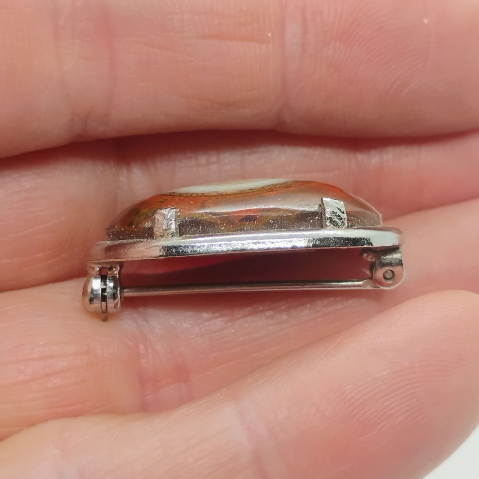 Vtg Bullseye Eye Agate Brooch Silver Tone Carnelian Orange Brown White Oval