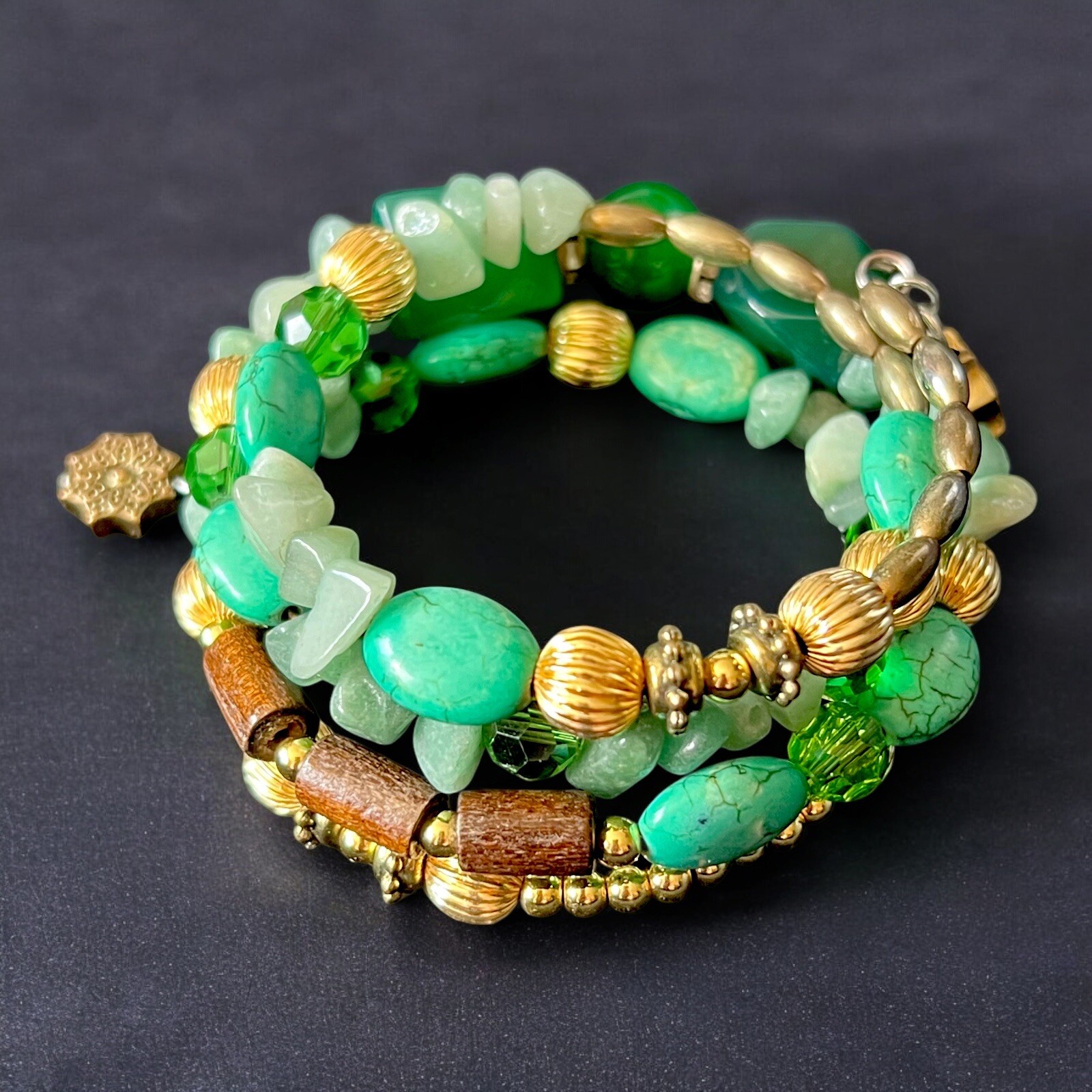 Boho Gemstone Beaded Bracelet Multi-Strand Wrap Wood Turquoise Gold Vintage