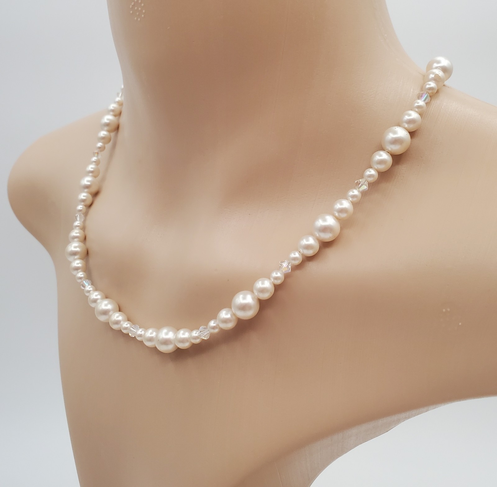 VTG 925 Faux Pearl Bicone Crystal Necklace 18in Sterling Silver 24gtw Estate