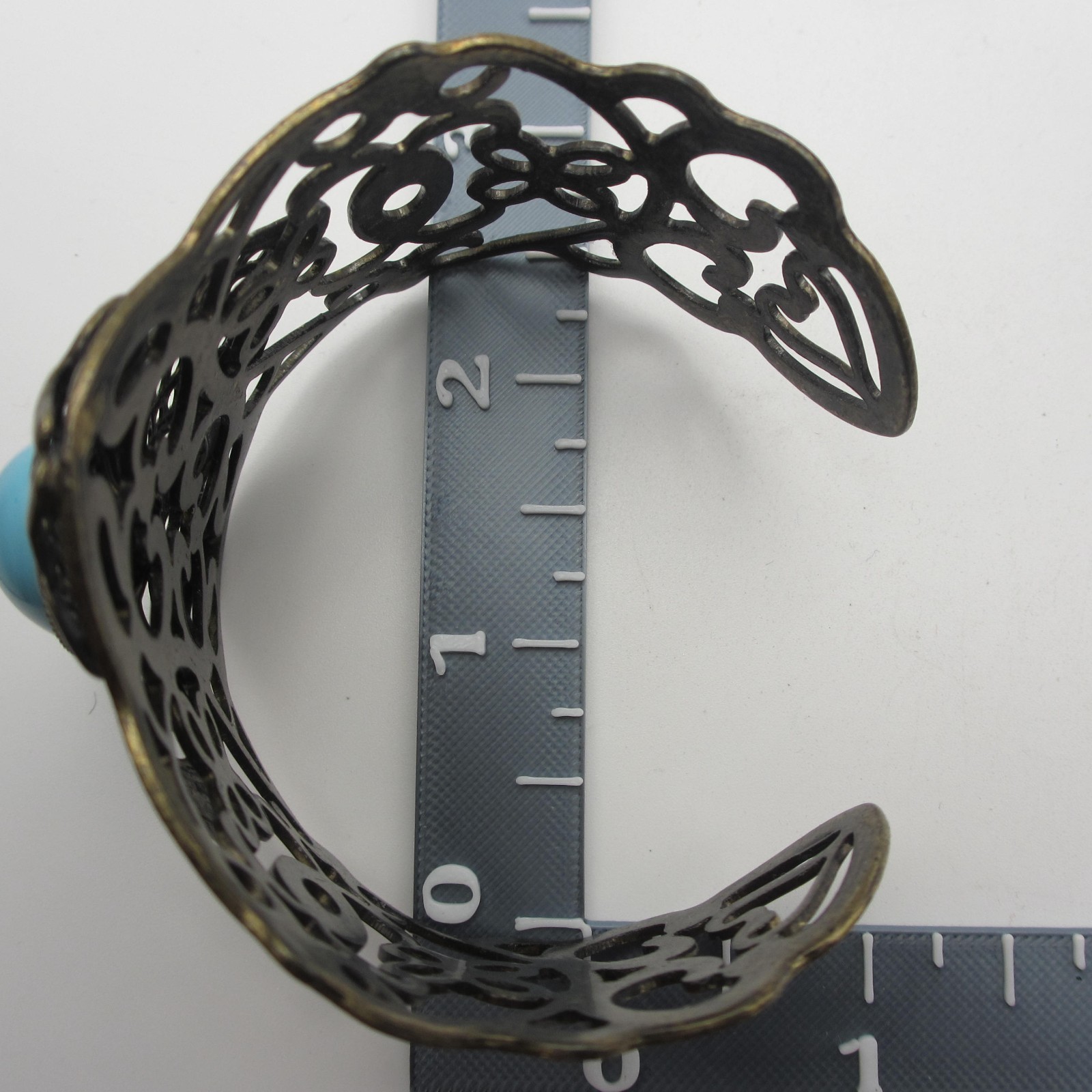Vintage Open Cuff Bracelet Filigree Bronze Tone Blue Cabochon Statement
