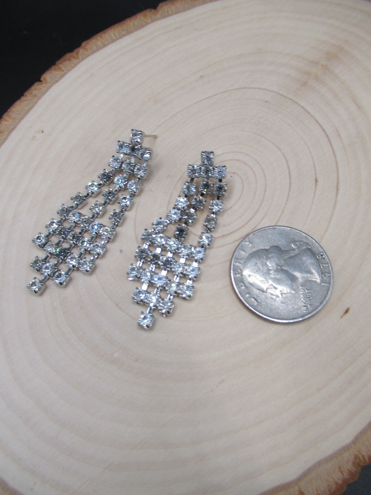 Vintage 1950’s silver clear rhinestone DRAMATIC post earrings angled dangling