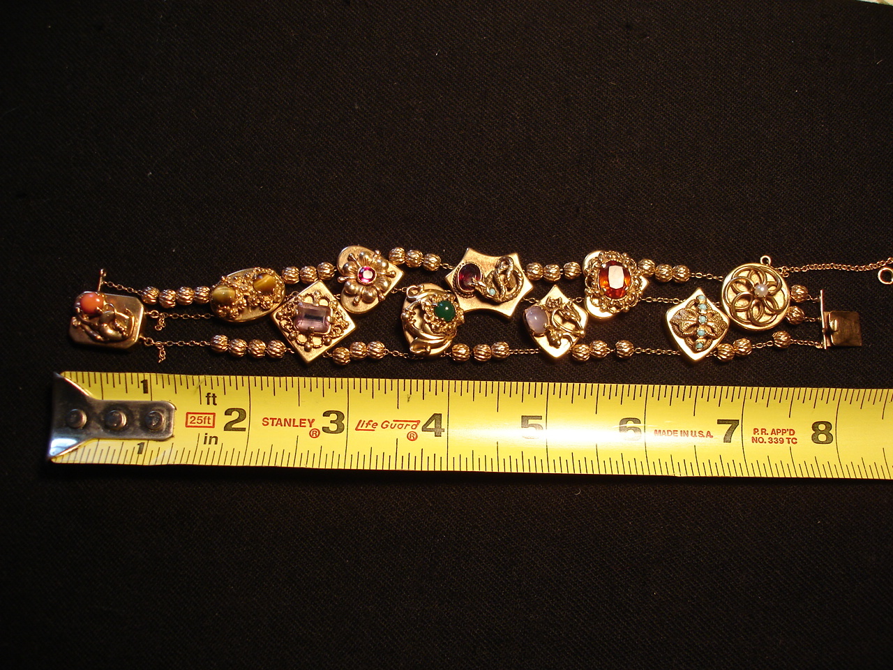 Antique Victorian Vintg Heavy Solid 14K Gold Slide Charm Bracelet 62gr Slides