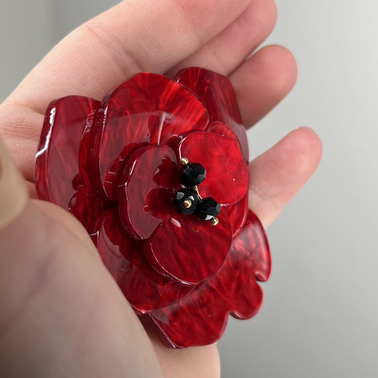 Red Poppy Flower Brooch Pin Pearlescent Lucite Acrylic 3D Statement Vtg Retro