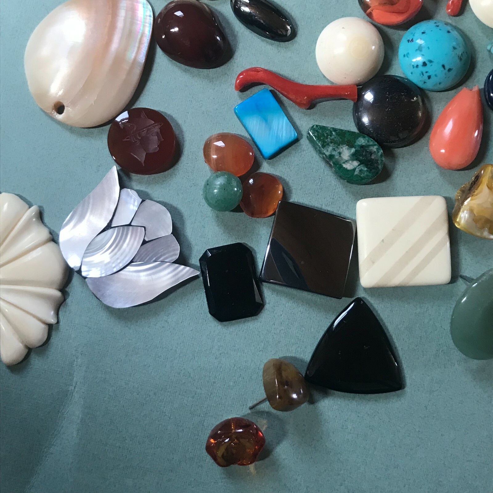 Mixed Lot of Vintage to Now Plastic Stone Carved & Note Cabs for Use in Jewelry