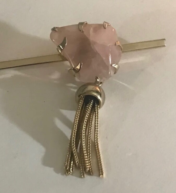 Stunning Vintage Gold Tone Genuine Rose Quartz Long Bar Brooch Pin