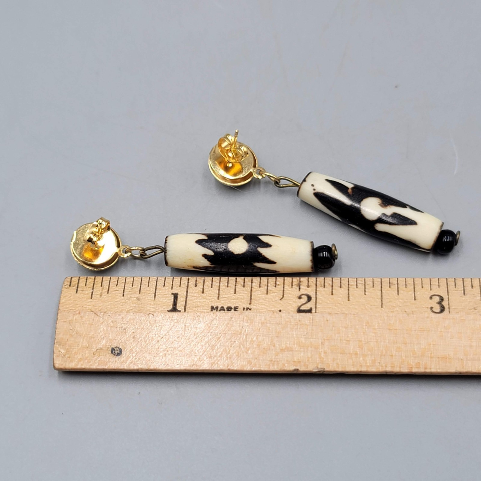 Vintage Pierced Earrings Gold tone Dangle African Cow Bone Bead 2 in