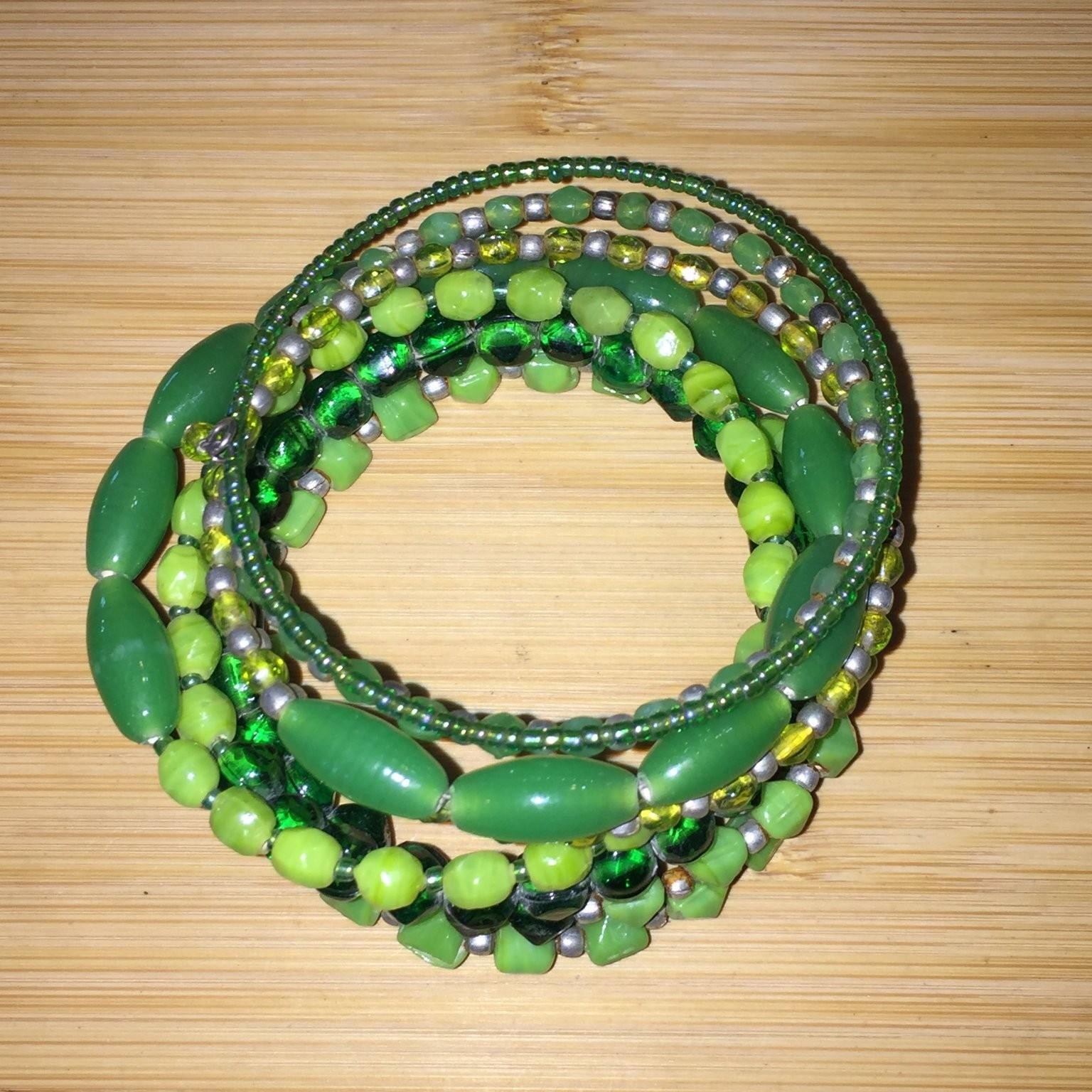 Vintage Multi-Strand Coil Wrap Bracelet Green Glass Acrylic Beads Boho
