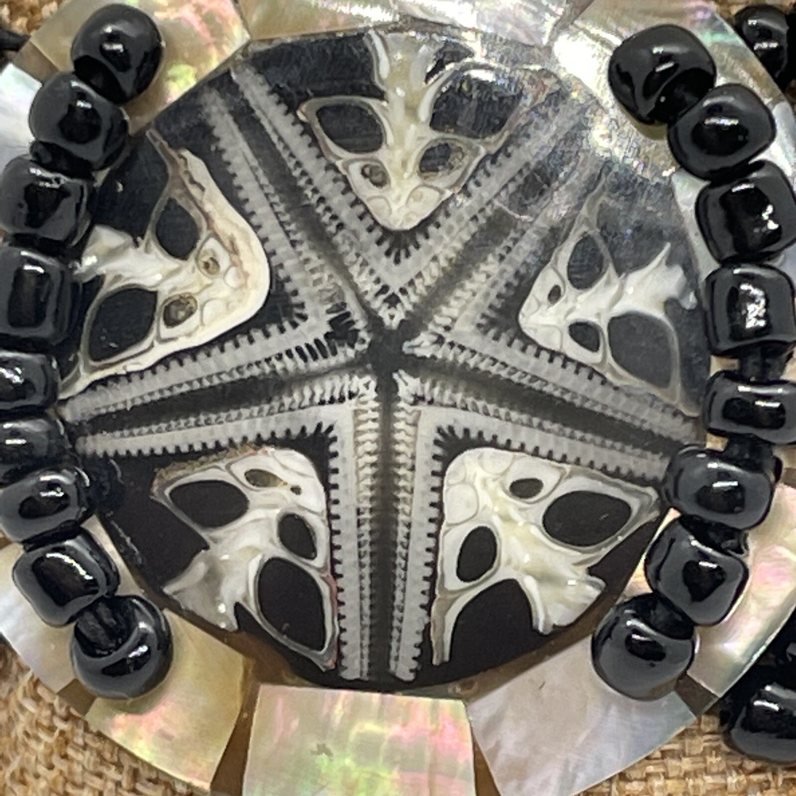 Starfish Stretch Cuff Bracelet MOP Mother Of Pearl And Black Seed Bead