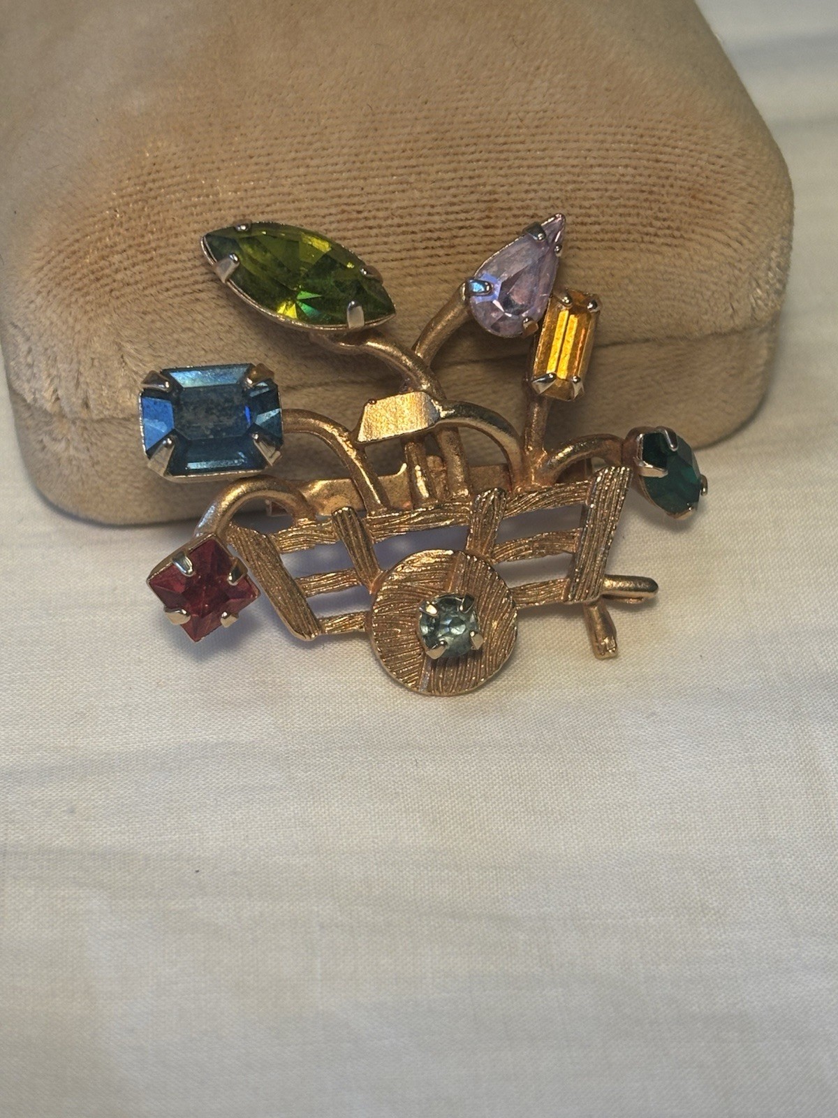 Vintage Jeweled Gold Toned Wheelbarrow Brooch Multicolor Costume