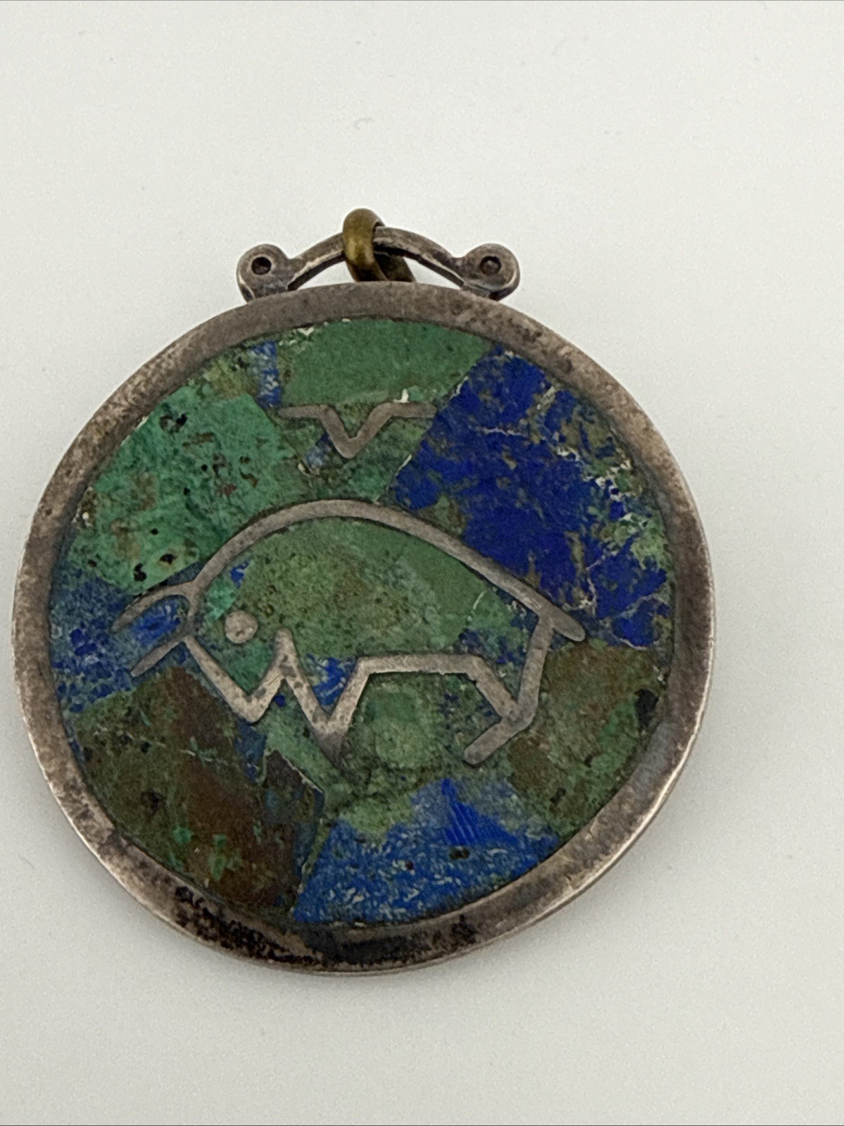 Vtg Los Castillo Sterling Silver Inlay Turquoise Pendant Brooch Taurus Zodiac