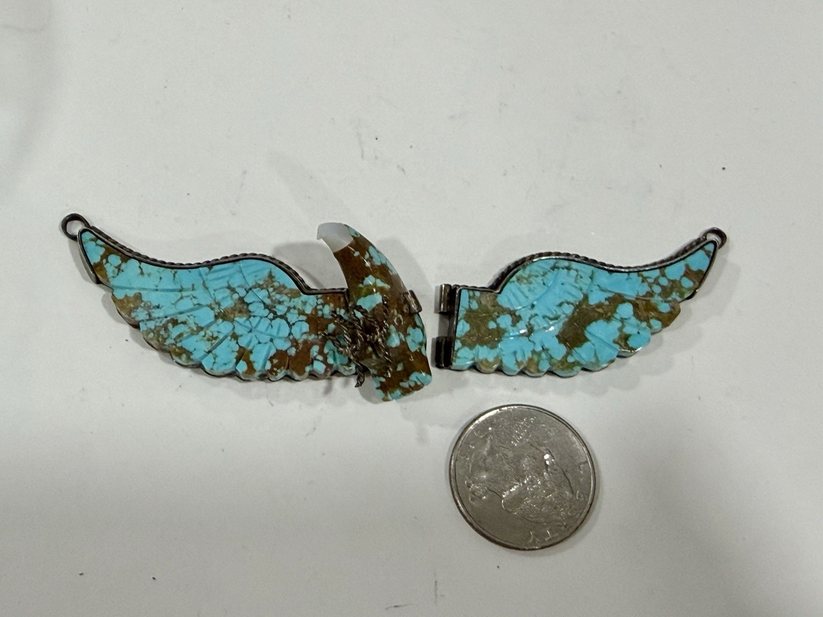 Vintage Native Navajo Carved Turquoise & Silver Large Wing Spread Eagle Pendant