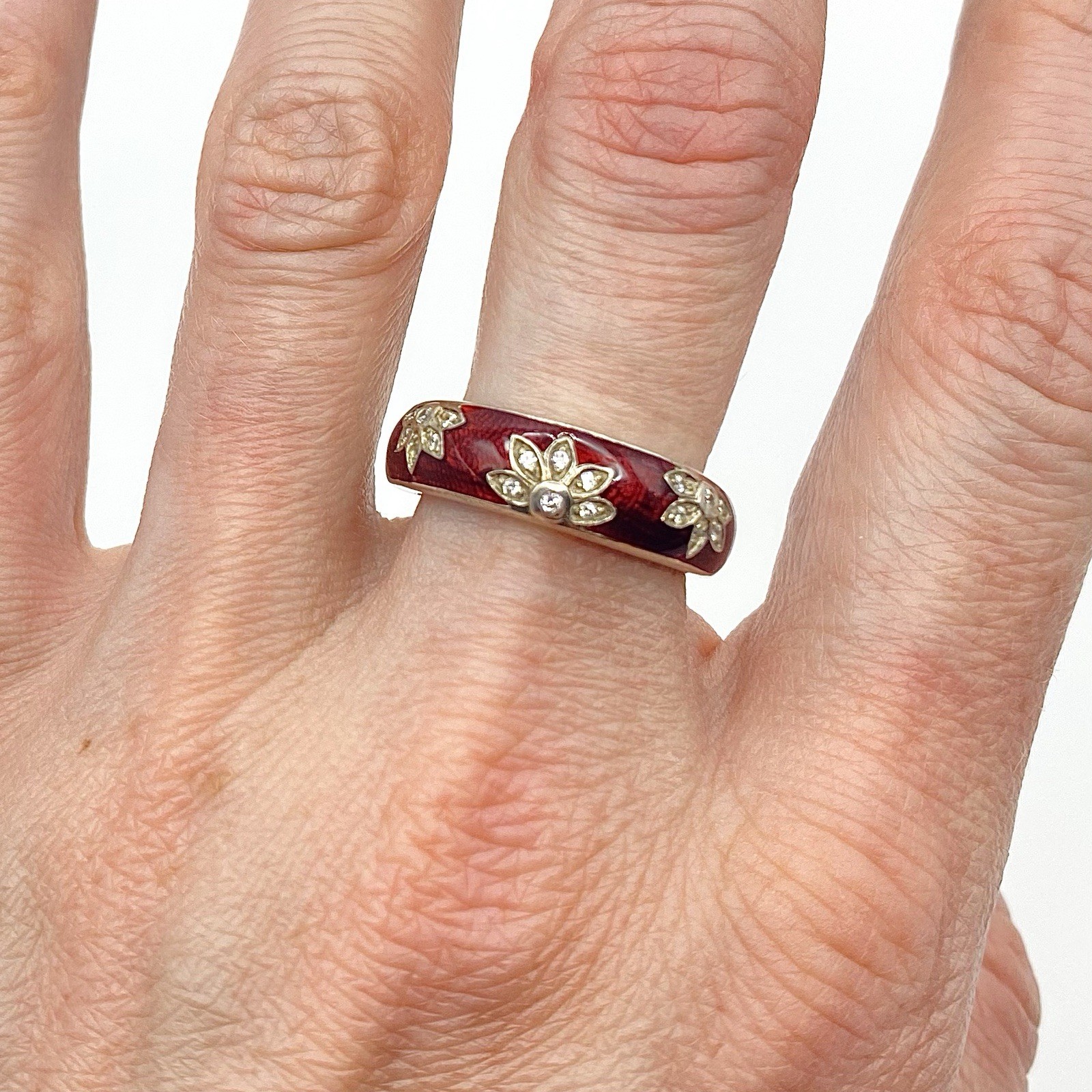 Vintage Sterling Silver 925 Dark Red Enamel CZ Crystal Ring Lotus Flower Size 7