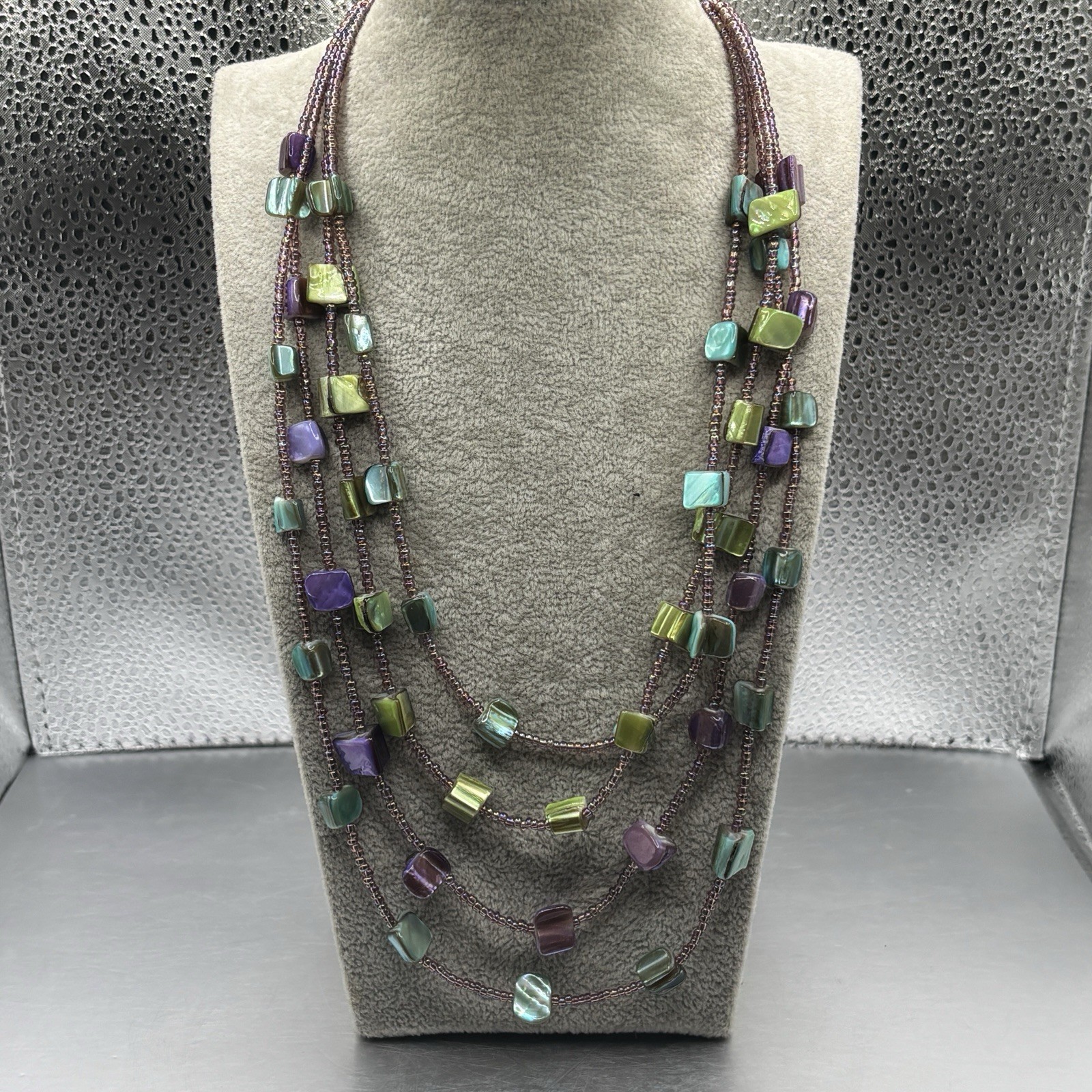 4-Strand Shell MOP Abalone Necklace Purple Blue & Seed Beads 15” + 2” Ext Jewels