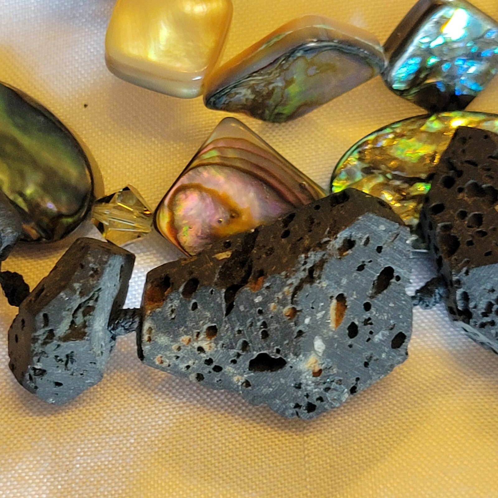 Vtg Lava Rock Mother of Pearl MOP Multi Strand Statement Necklace Signed Bob