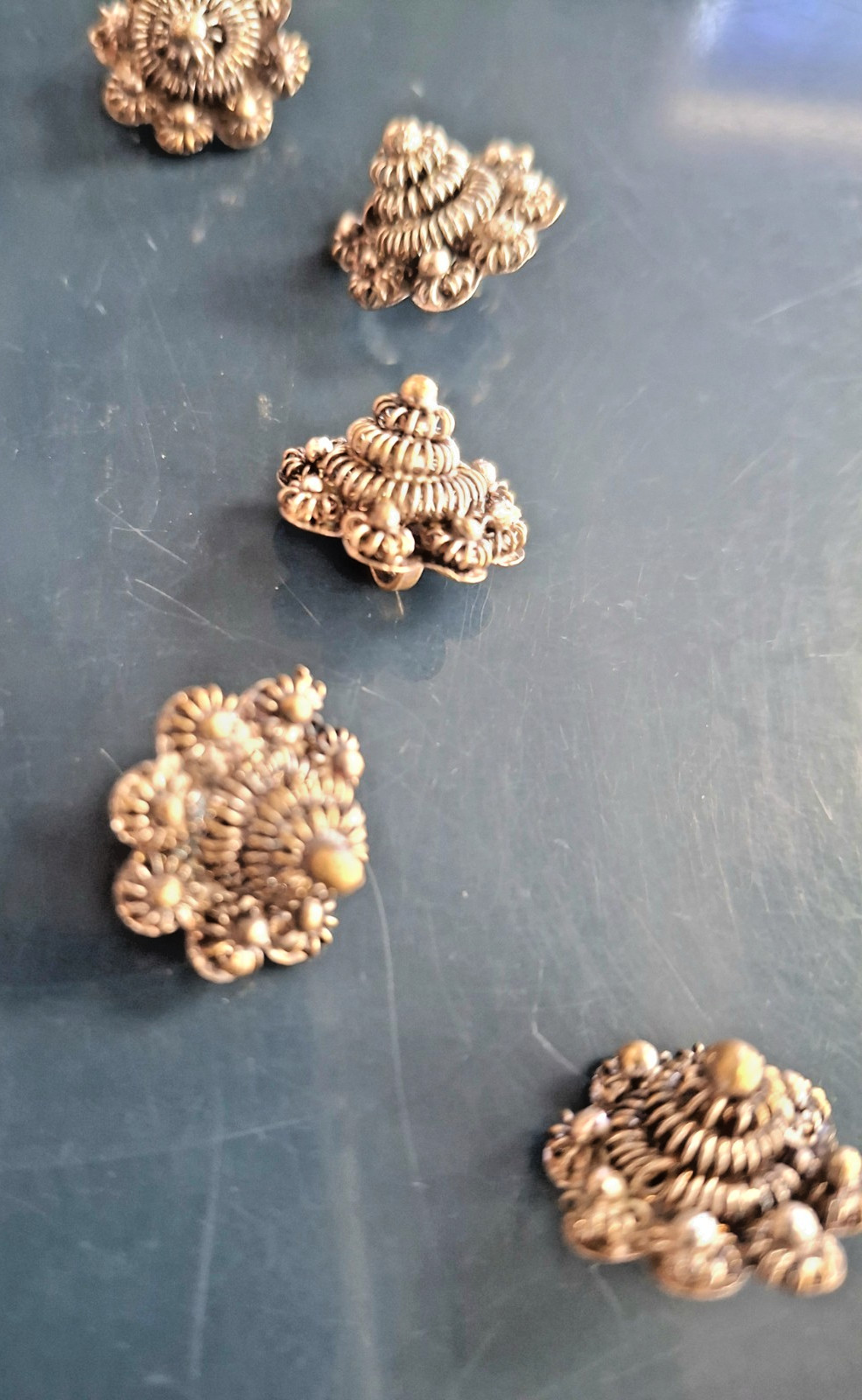 Vtg Thai Cannetille Intricate Filigree Flower Sterling Silver Button Set + Pouch