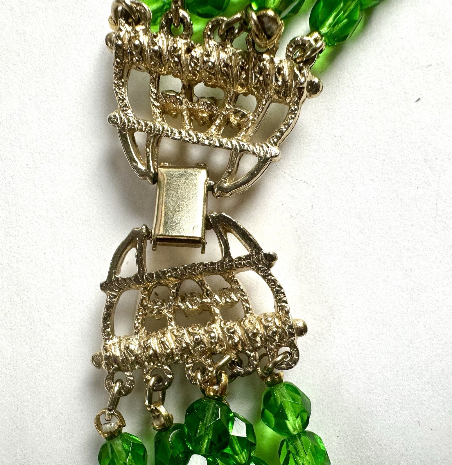 VTG Etruscan Revival Vivid Green Heavy 5-strand Glass Necklace Faux Pearls