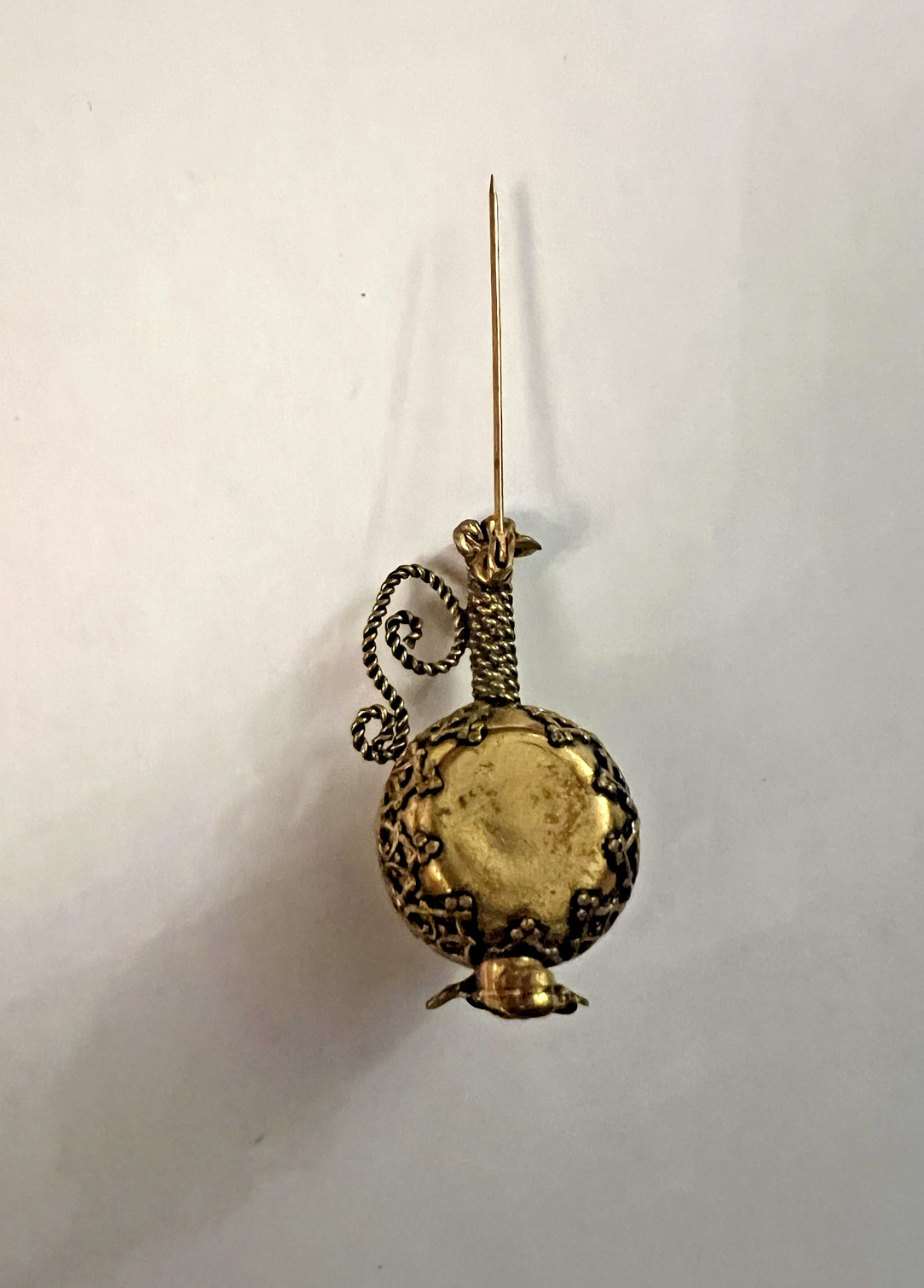 Vtg Handmade Gold Tone Metal Pansy Flora Needlepoint Jug Bottle Shape Brooch Pin