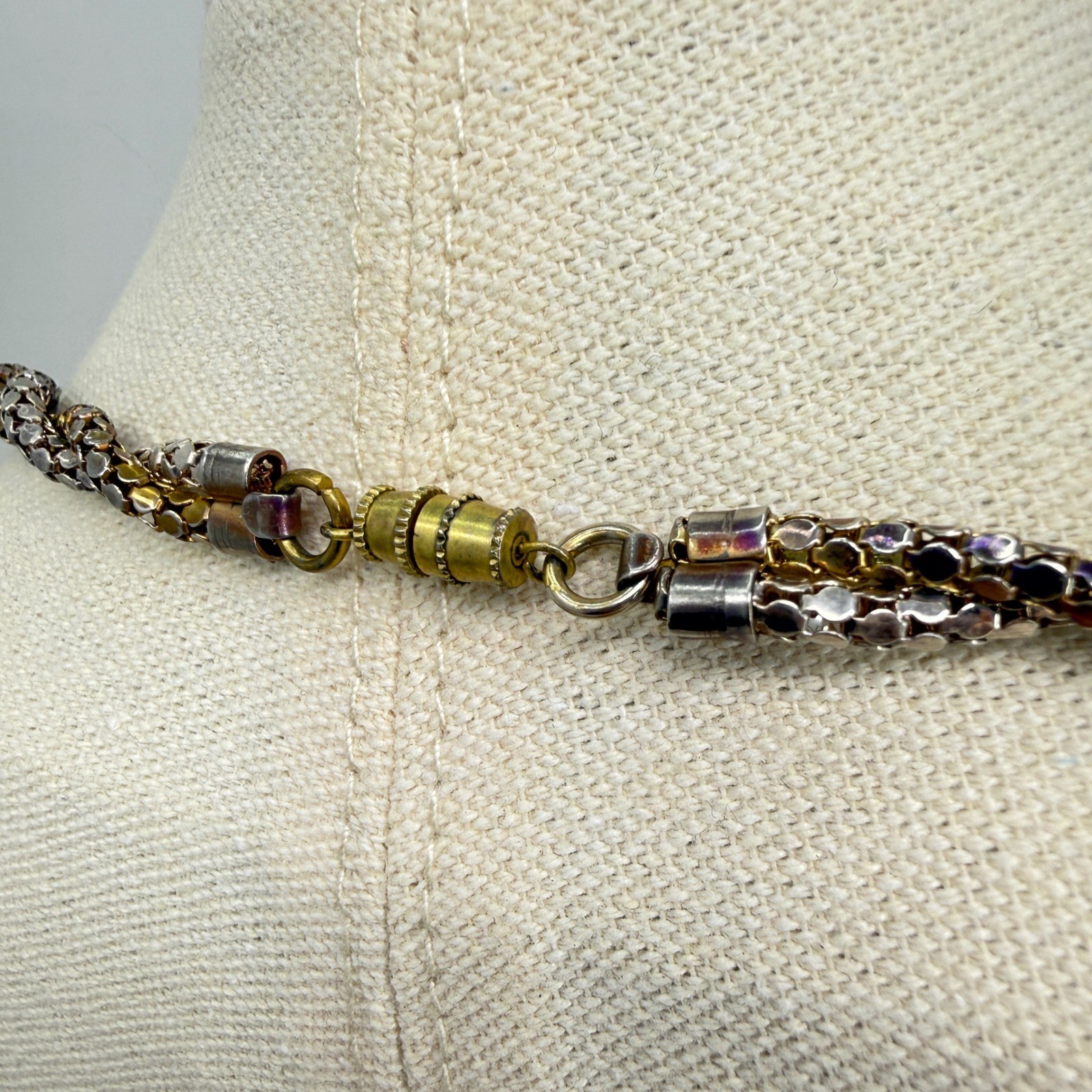 Vintage Two Tone Twisted Mesh Chain Necklace Barrel Clasp Textured