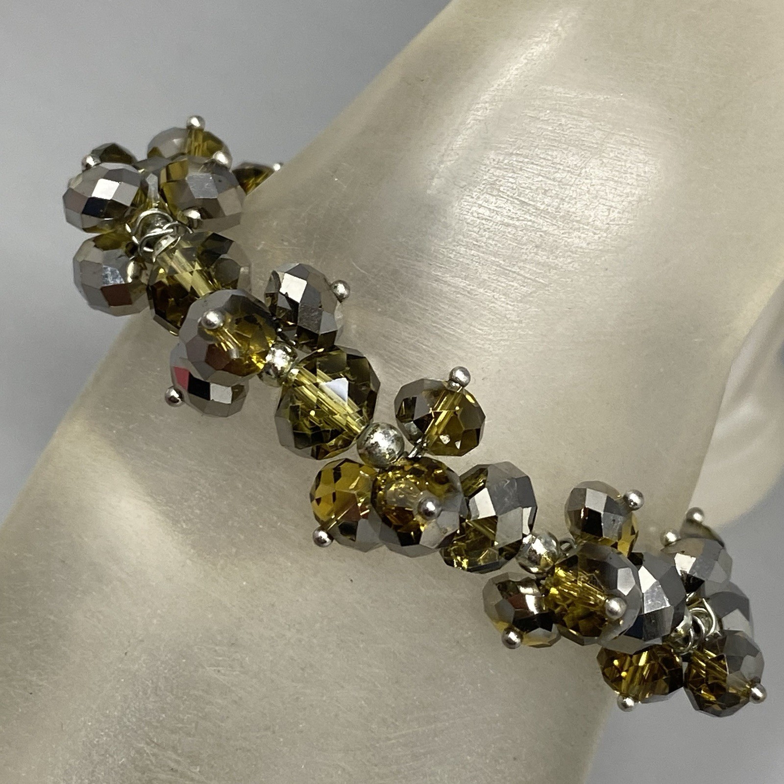 Silver Gold Glass Bead Cluster Bracelet Stretch Fire Polished AB Coated Retro