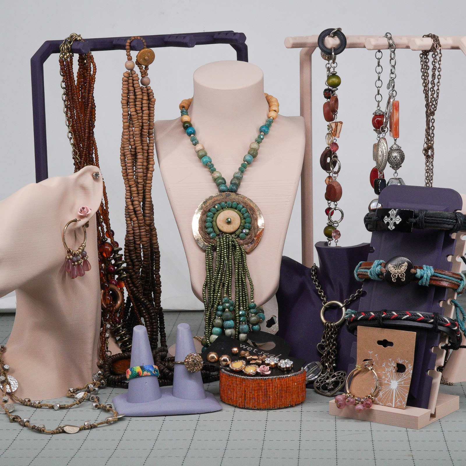 Boho Revival Jewelry bohemian Mix Layered Beads Leather wood beads & fringe 16pc