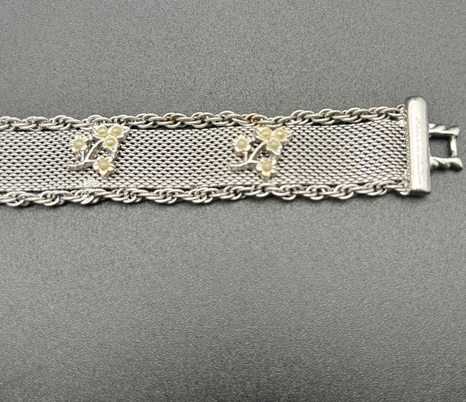 Vintage Goldette NY Mesh Bracelet Slide Cuff Victorian Revival Faux Pearl Silver