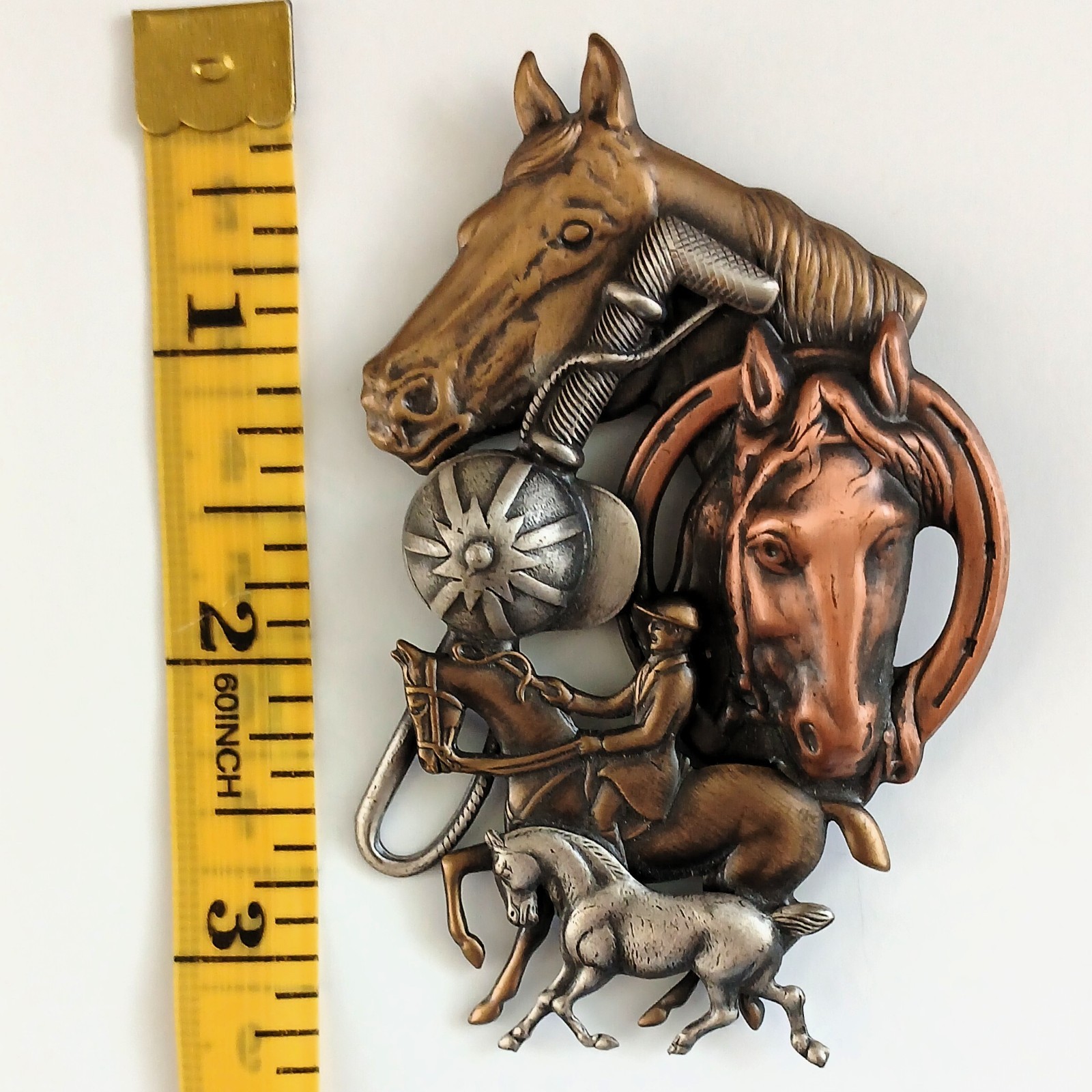 Large Equestrian-Themed Horses & Jockey Brooch Copper Brass & Silver Tones VTG