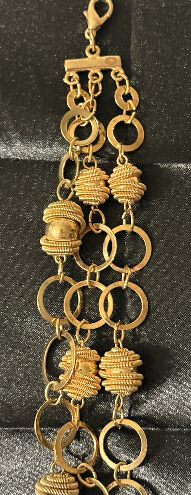 Vintage Gold Tone Multi Strand Statement Bracelet Coiled Wire Beads Ring Links