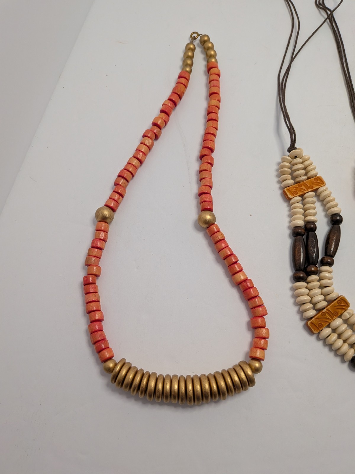 4 Vintage Wooden Beaded Necklaces Various Lengths, Brown, Peach, & Gold Colors