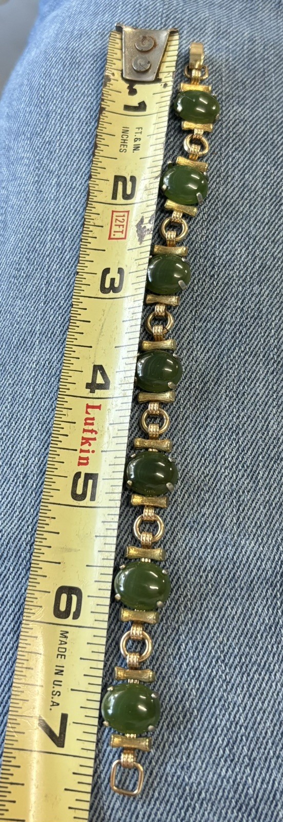 Vintage Gold tone Krementz Jade Bamboo Style Bracelet Signed 7.25”