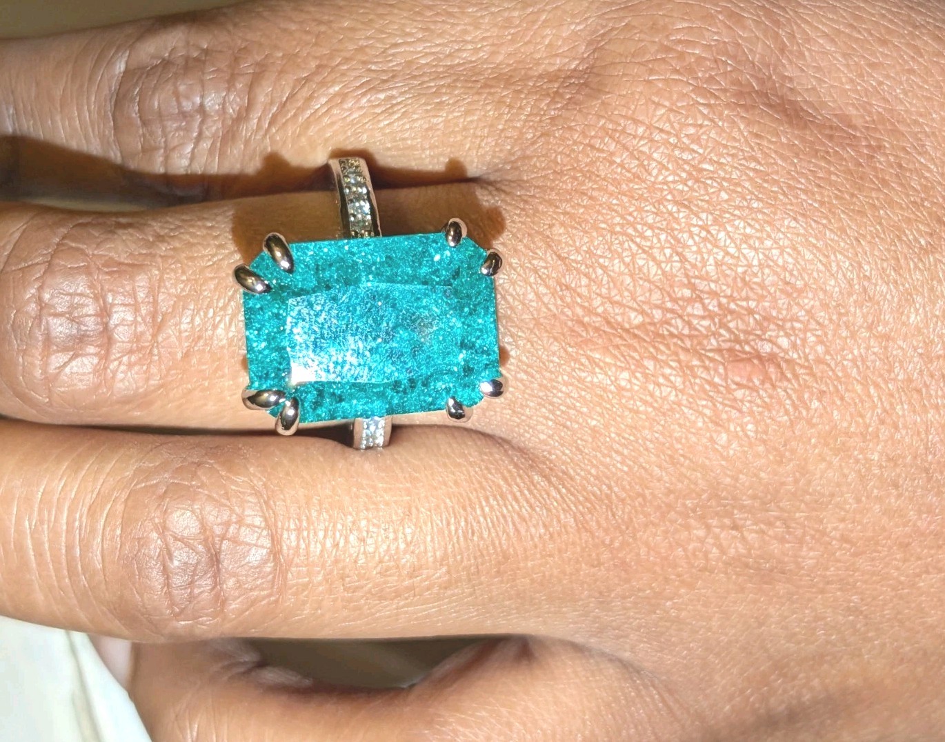 Shiny 10 CT Emerald Cut Lab-Created Paraiba Tourmaline Ring 925 Sterling Silver