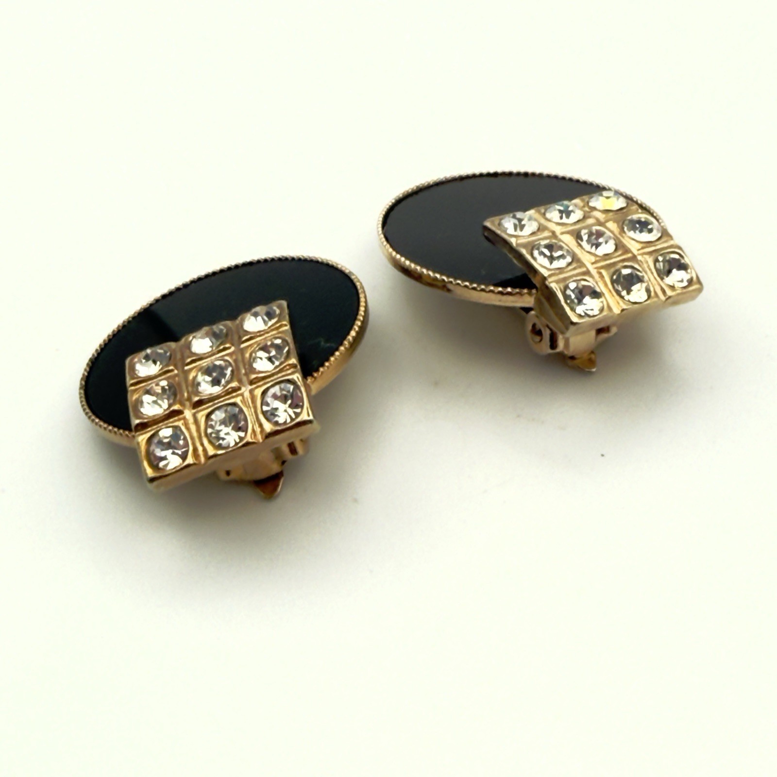 Vintage Rhinestone Clip On Earrings Black Enamel Gold Tone Geometric Discs