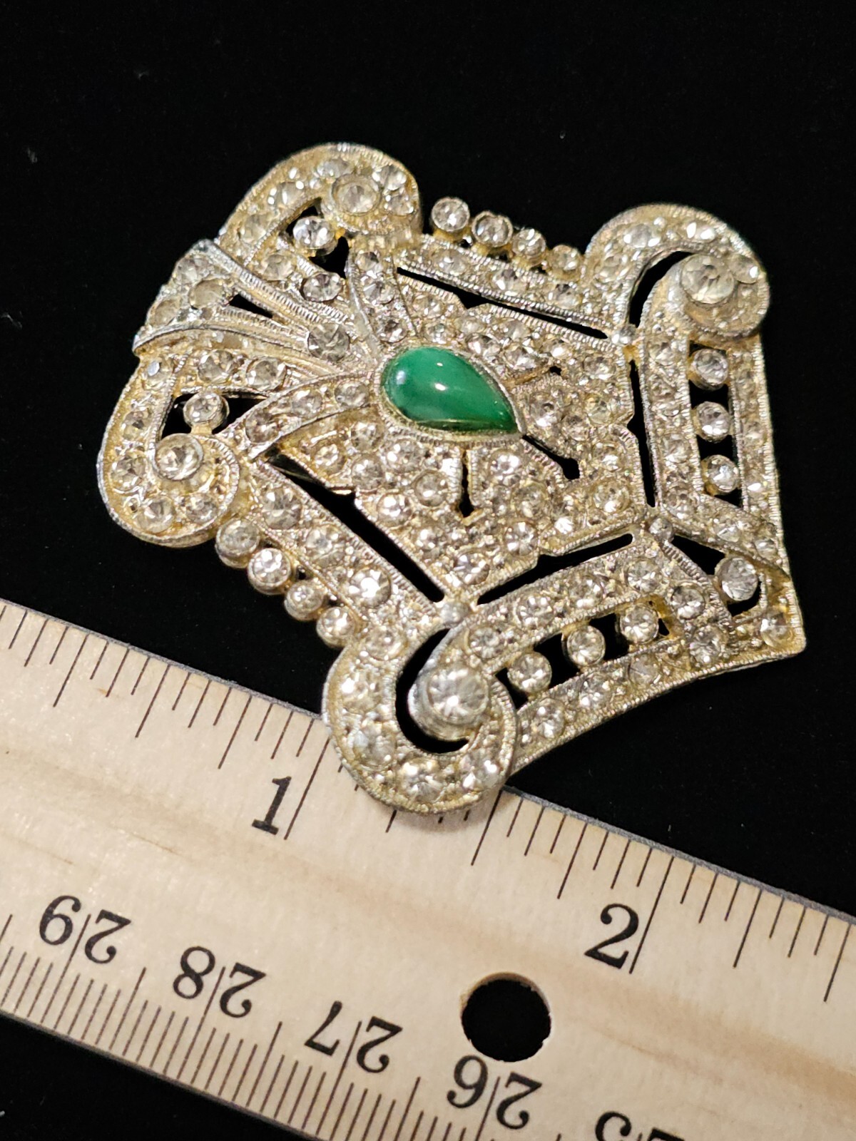 Big Vtg 1930s Pot Metal Signed PJC Green Glass Rhinestone Deco Dress Clip Brooch