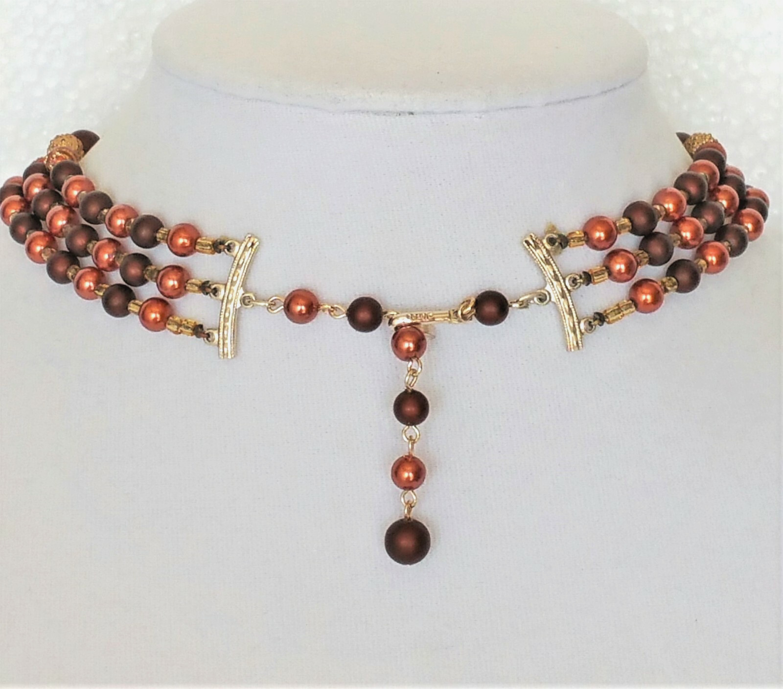 Vintage Womens Necklace Bronze Copper Gold Tone Beads Art Deco 3 Strands