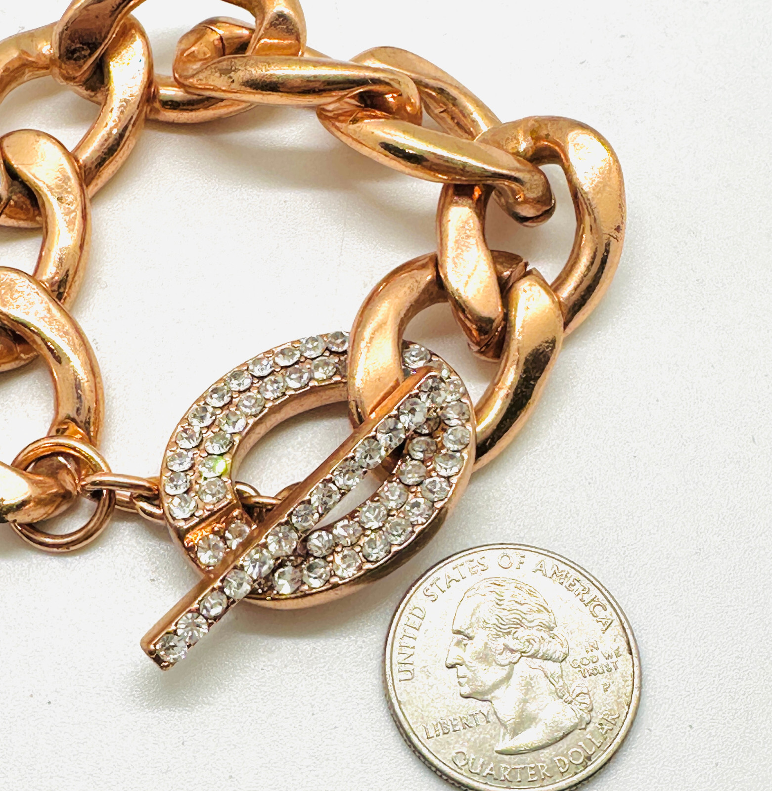 Vtg Copper Color Chunky Link Rhinestone Toggle Bracelet 7.5″ Minty Condition
