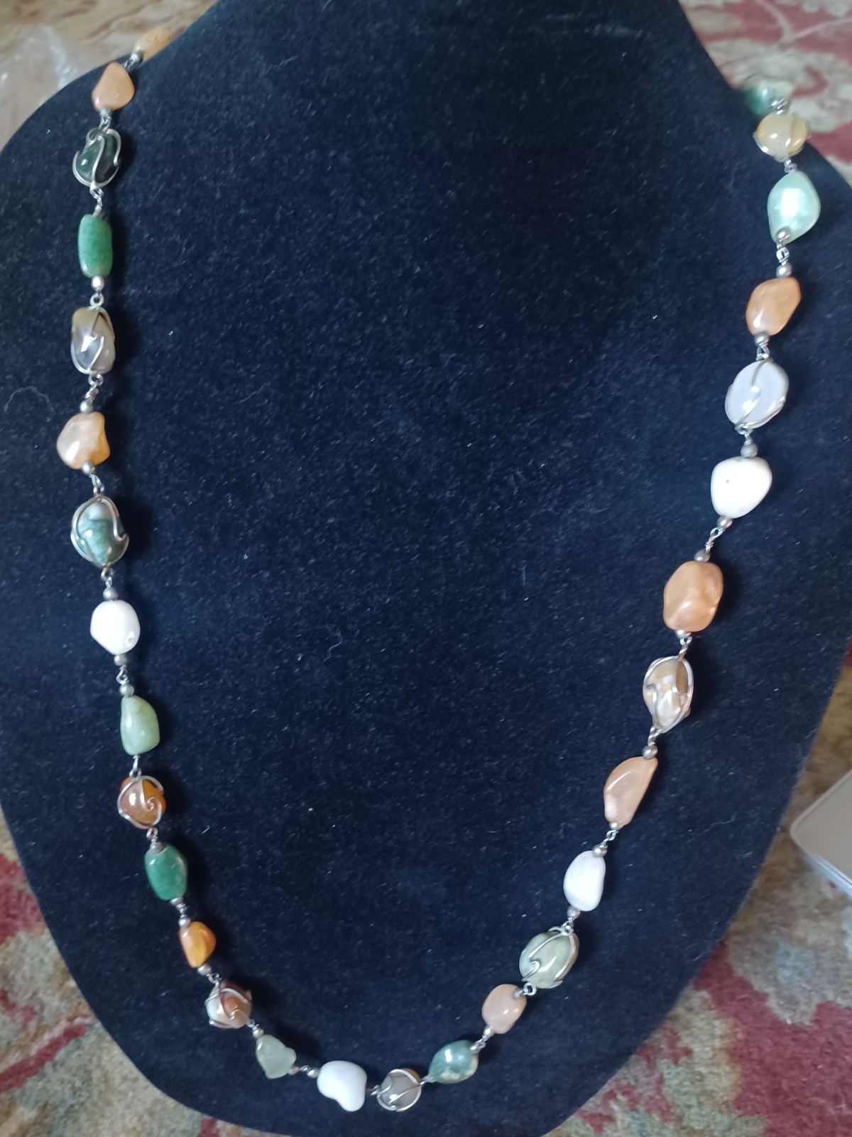 Vtg Artisan Wire Wrapped Tumbled Stone Linked Necklace 18″ Drop. Beggars Beads