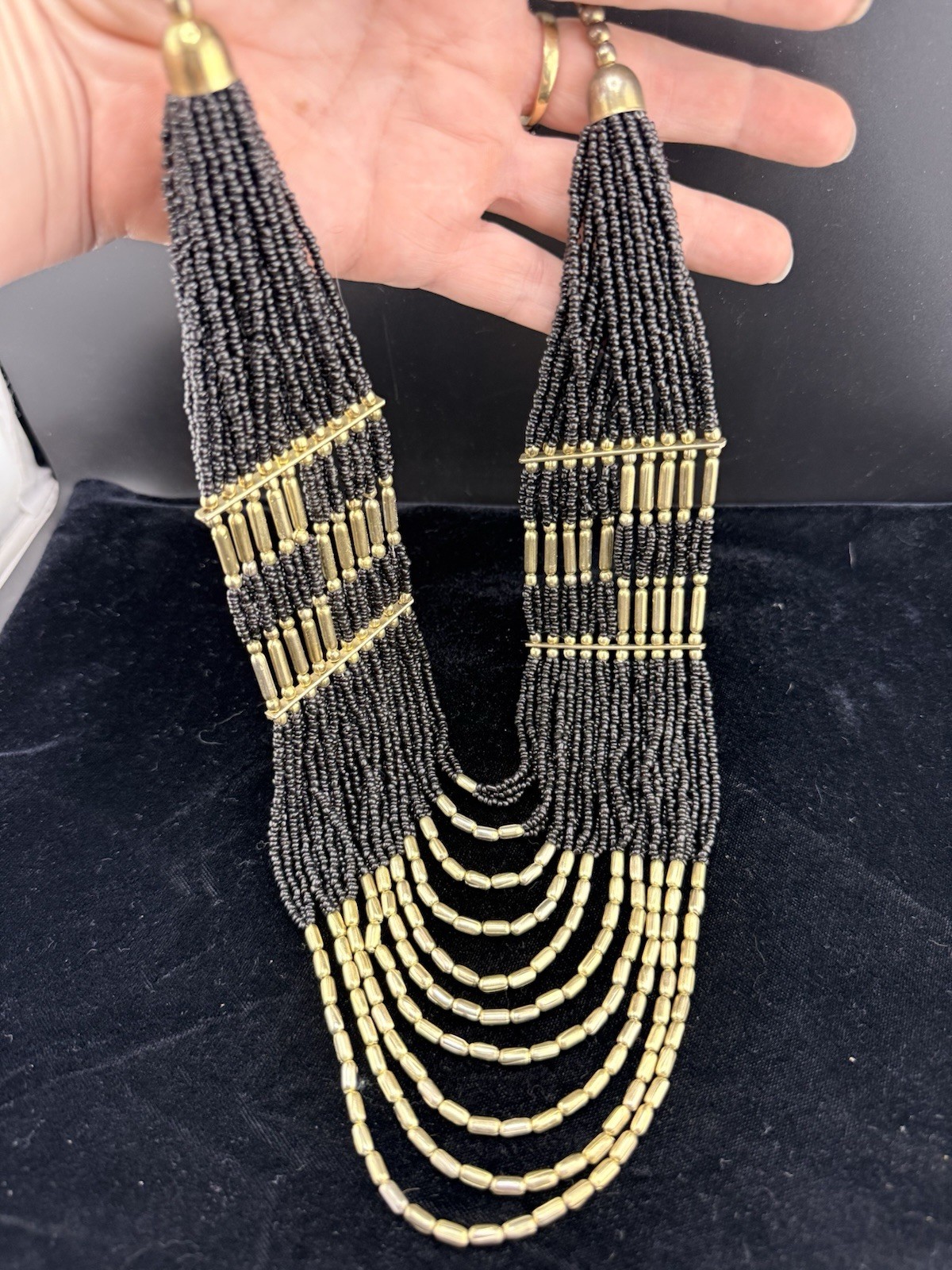 Vintage Black & Gold Multi-Strand Seed Beaded Statement Necklace – Stunning!