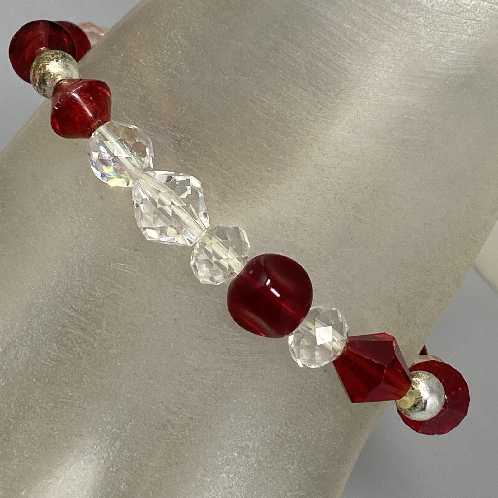 Glass Bead Bracelet Red Clear Pink Fire AB Coated Iridescent Bicone Stretch 7″