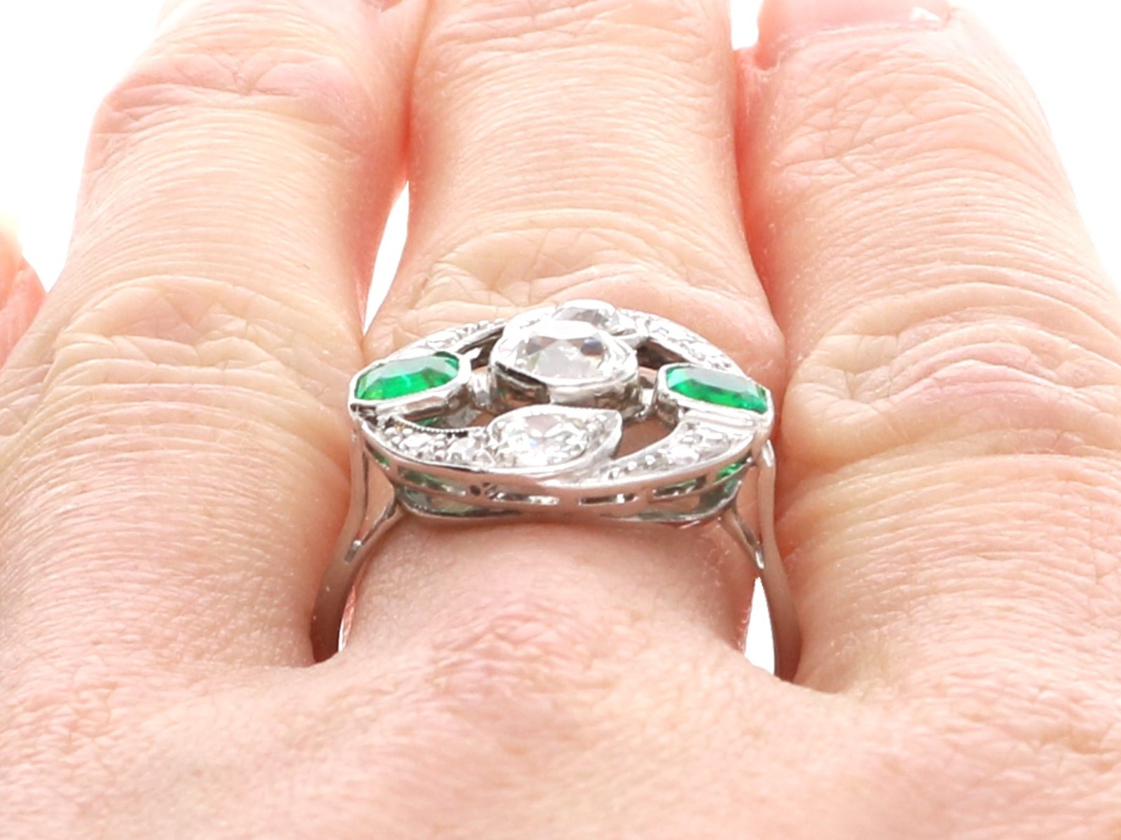 Antique 0.61Ct Emerald and 1.45Ct Diamond 18k White Gold Ring Circa 1920